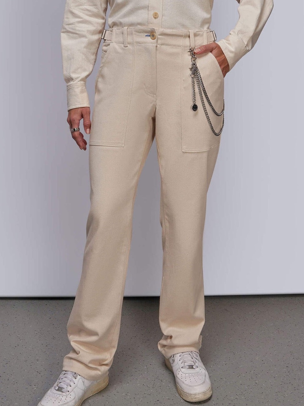 Wildfang Essential Denim Utility Pant Natural Beige Adjustable Waist Size Large